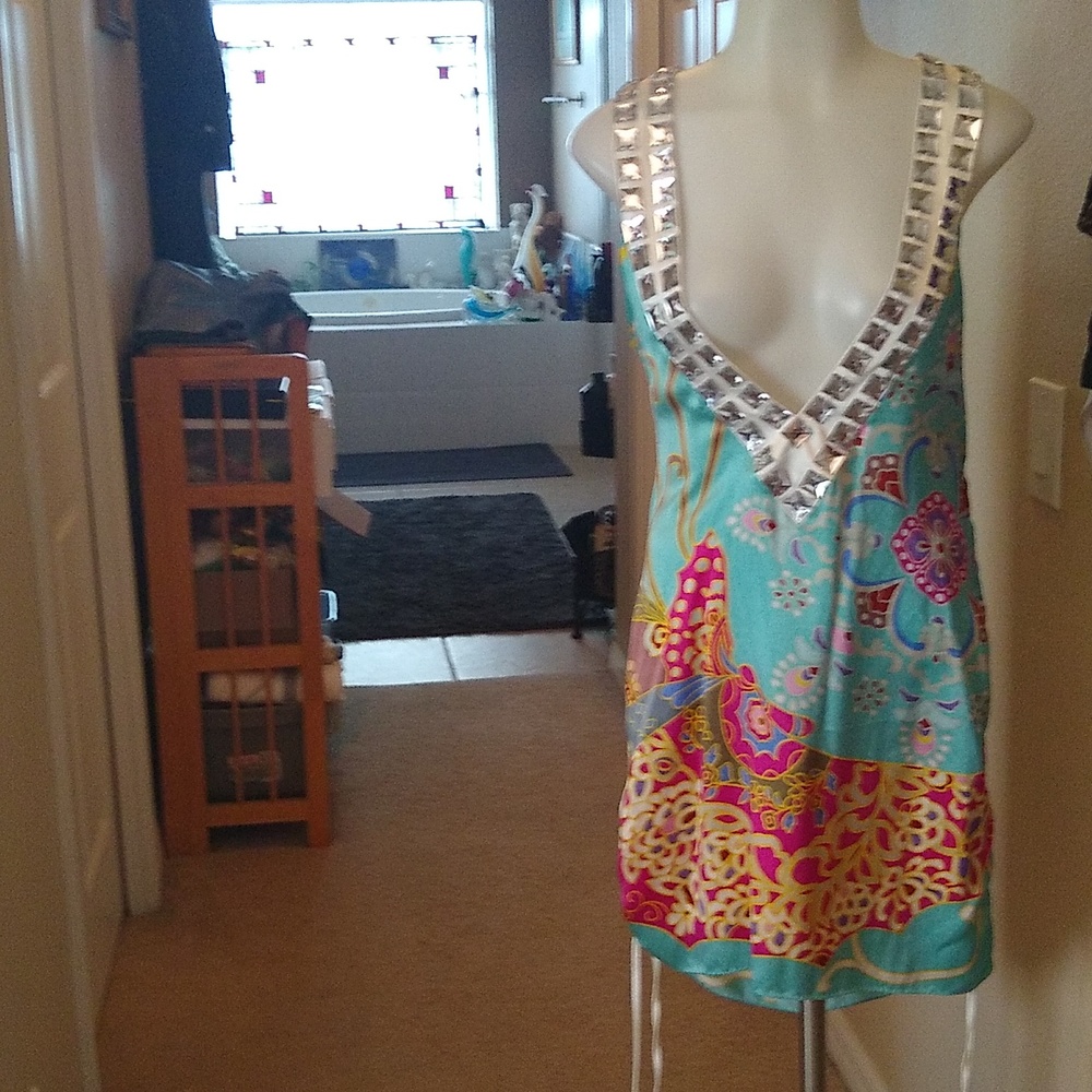 BNWT Body Language Paris silk embellished deep v colorful dress sz med  BEYONCE